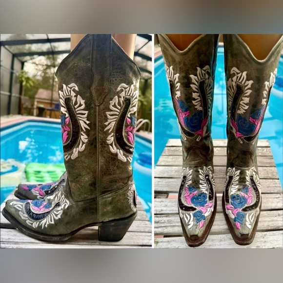Corral Boots Shoes - Corral R2523 Horseshoe Rose Flower Embroidery Gray Cowboy Boots Women’s 6.5